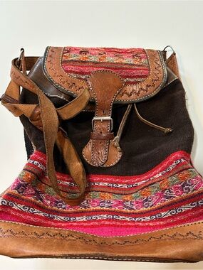 Vintage Bohemian Tooled Leather & Woven Wool Backpack